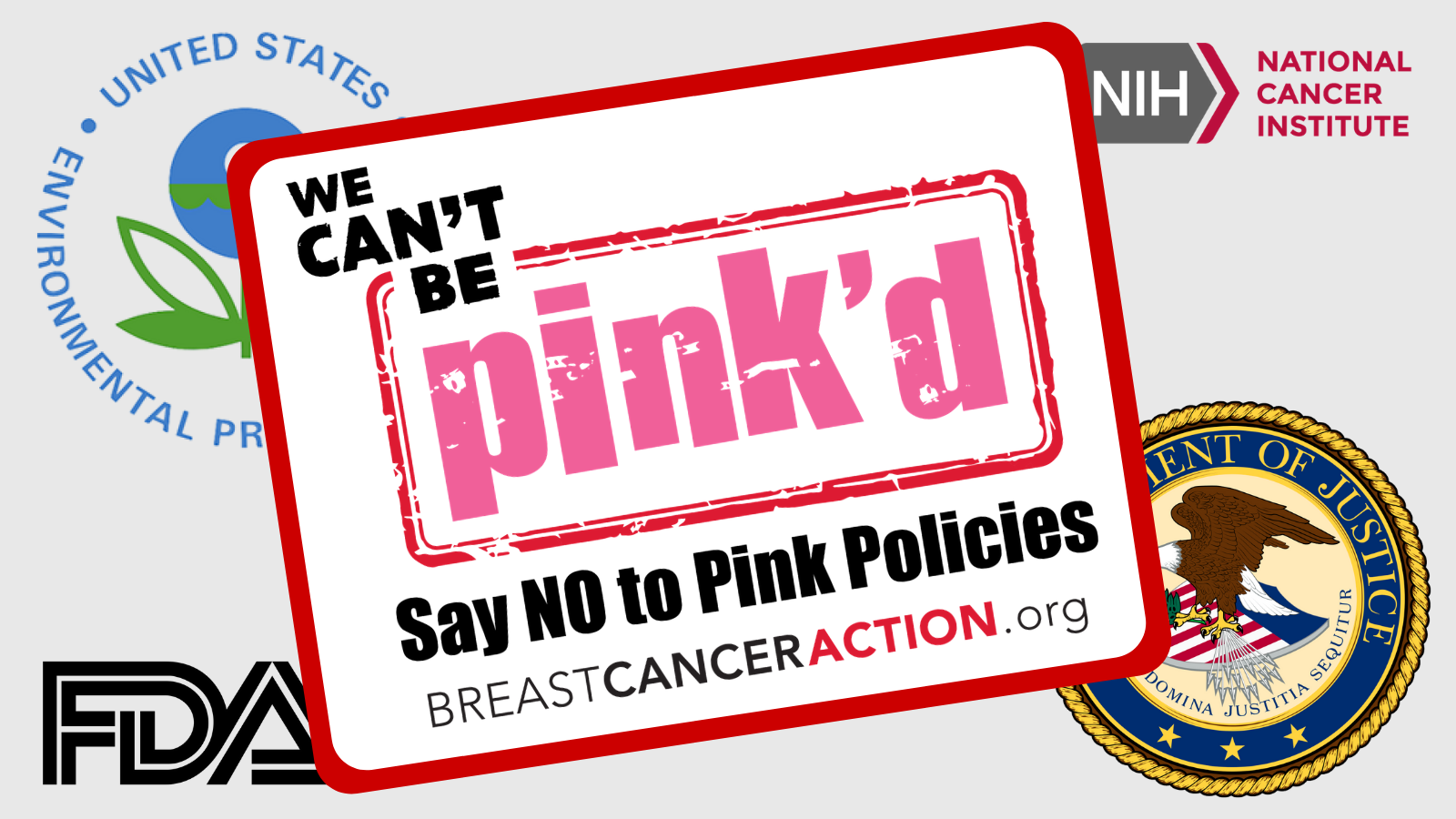 Think Before You Pink 2020 Campaign Image with logo and the logos of the EPA, FDA, NCI, and DOj.