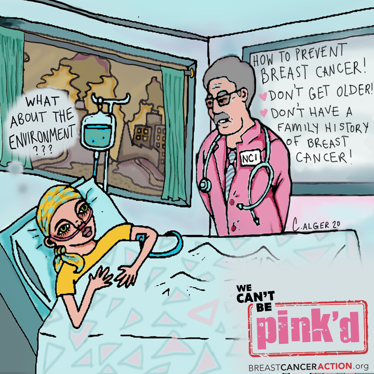 A political cartoon of the NCI not telling a woman with breast cancer about environmental exposures
